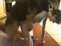 Petite brunette hair in dark and white sweater takes her brown dog on kitchen floor 